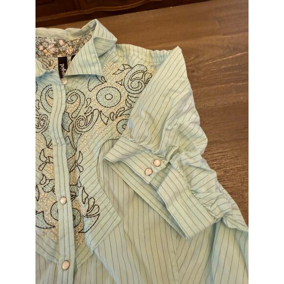 Cowgirl Coastal Country Pearl Button Y2K Western Embroiderd Teal Dress Size M - Picture 7 of 9